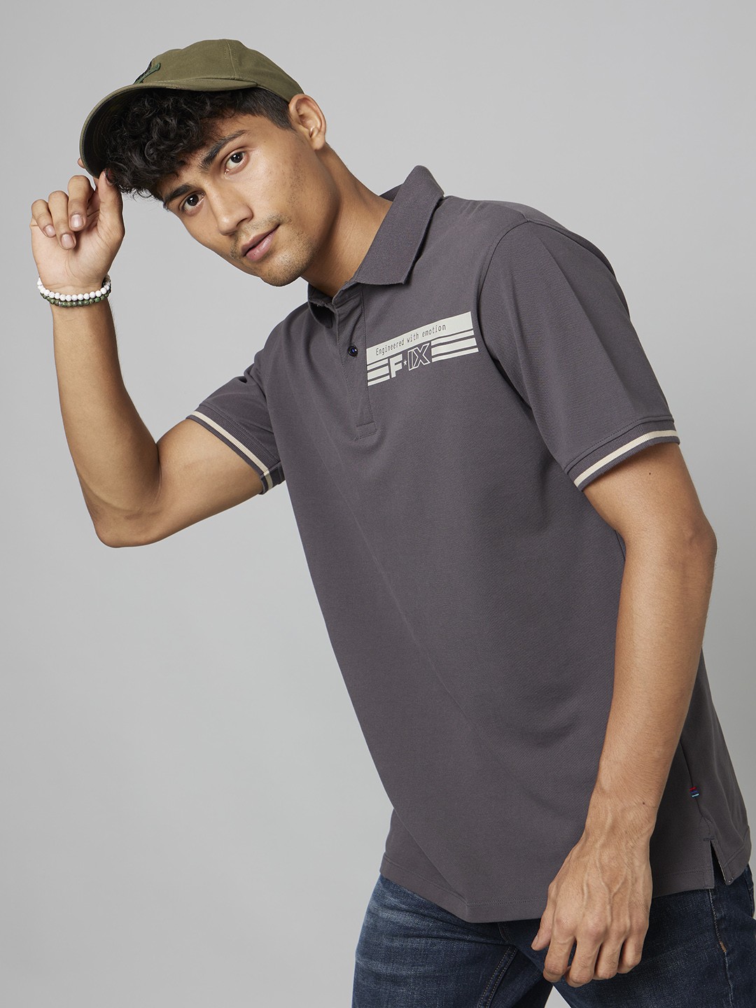 

FORCE IX Typography Printed Polo Collar Casual T-shirt, Grey