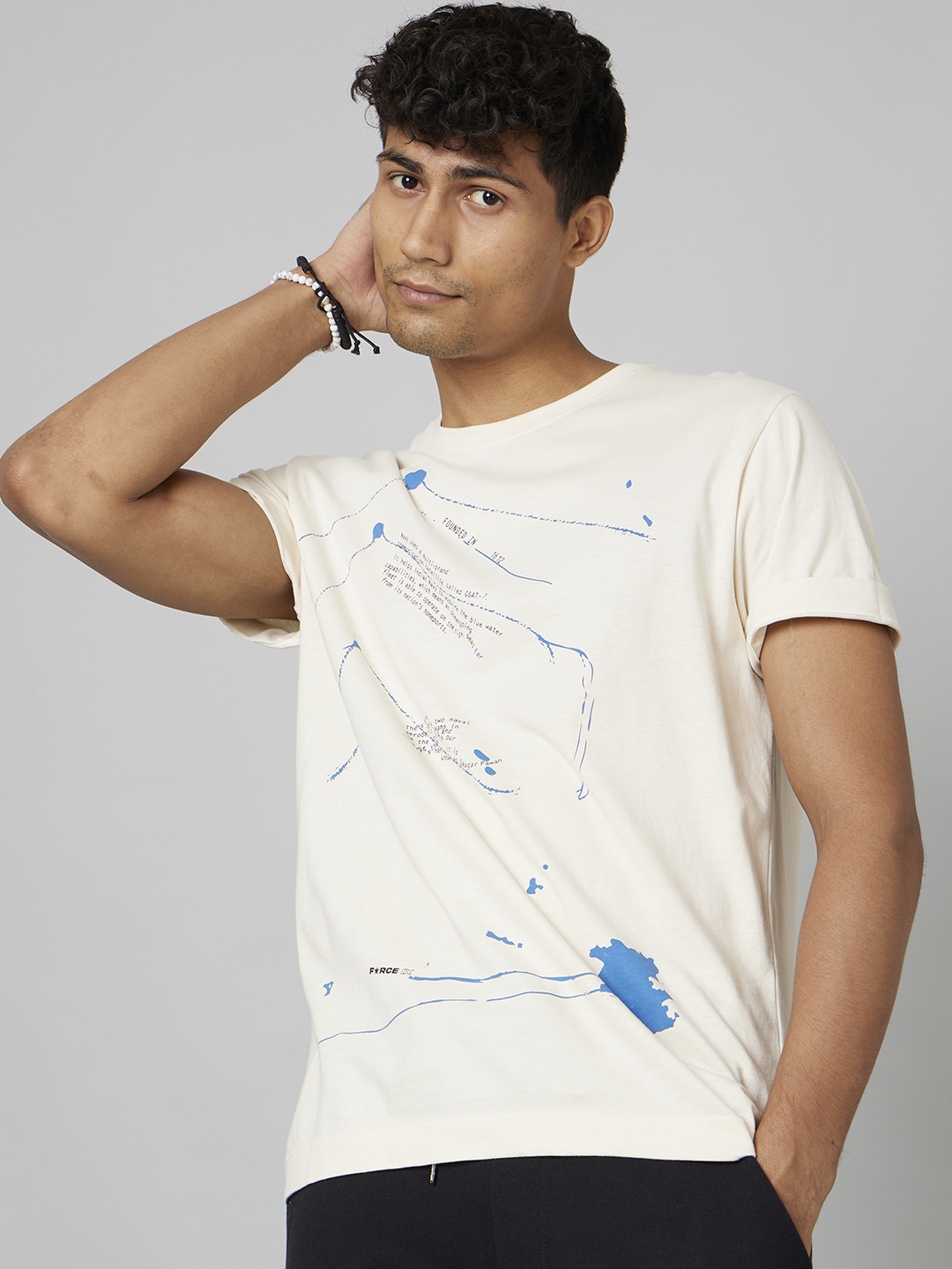 

FORCE IX Graphic Printed Pure Cotton T-shirt, Beige