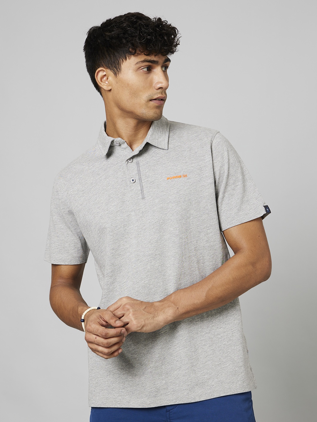 

FORCE IX Brand Logo Polo Collar Pure Cotton Applique T-shirt, Grey melange
