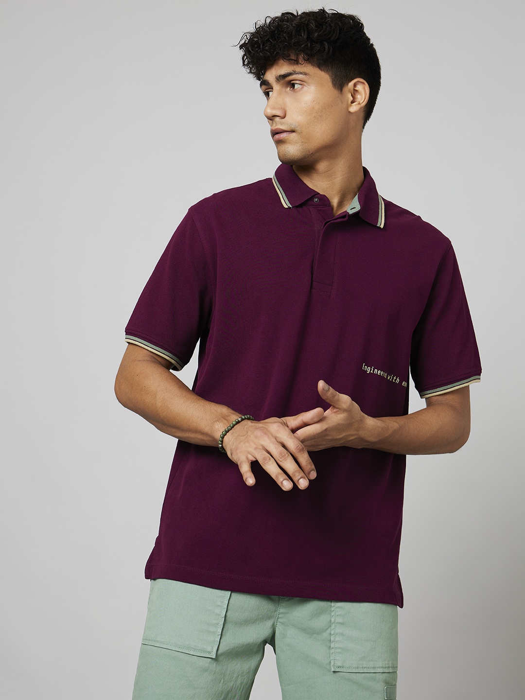 

FORCE IX Typography Polo Collar Pure Cotton Applique T-shirt, Burgundy