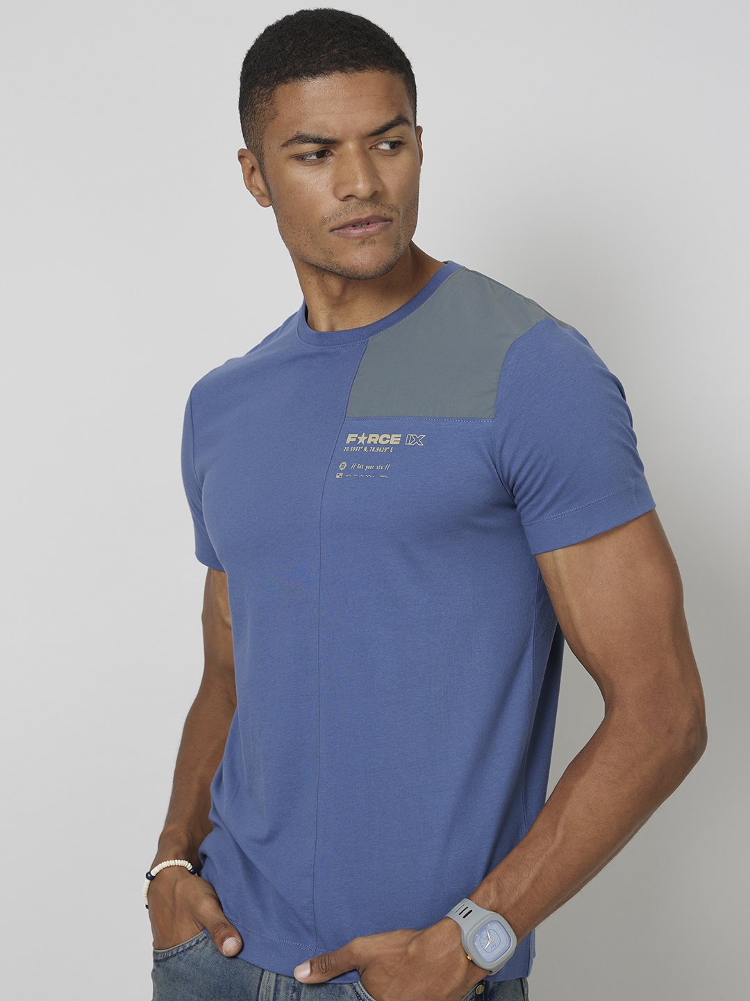 

FORCE IX Brand Logo Pure Cotton Applique T-shirt, Blue