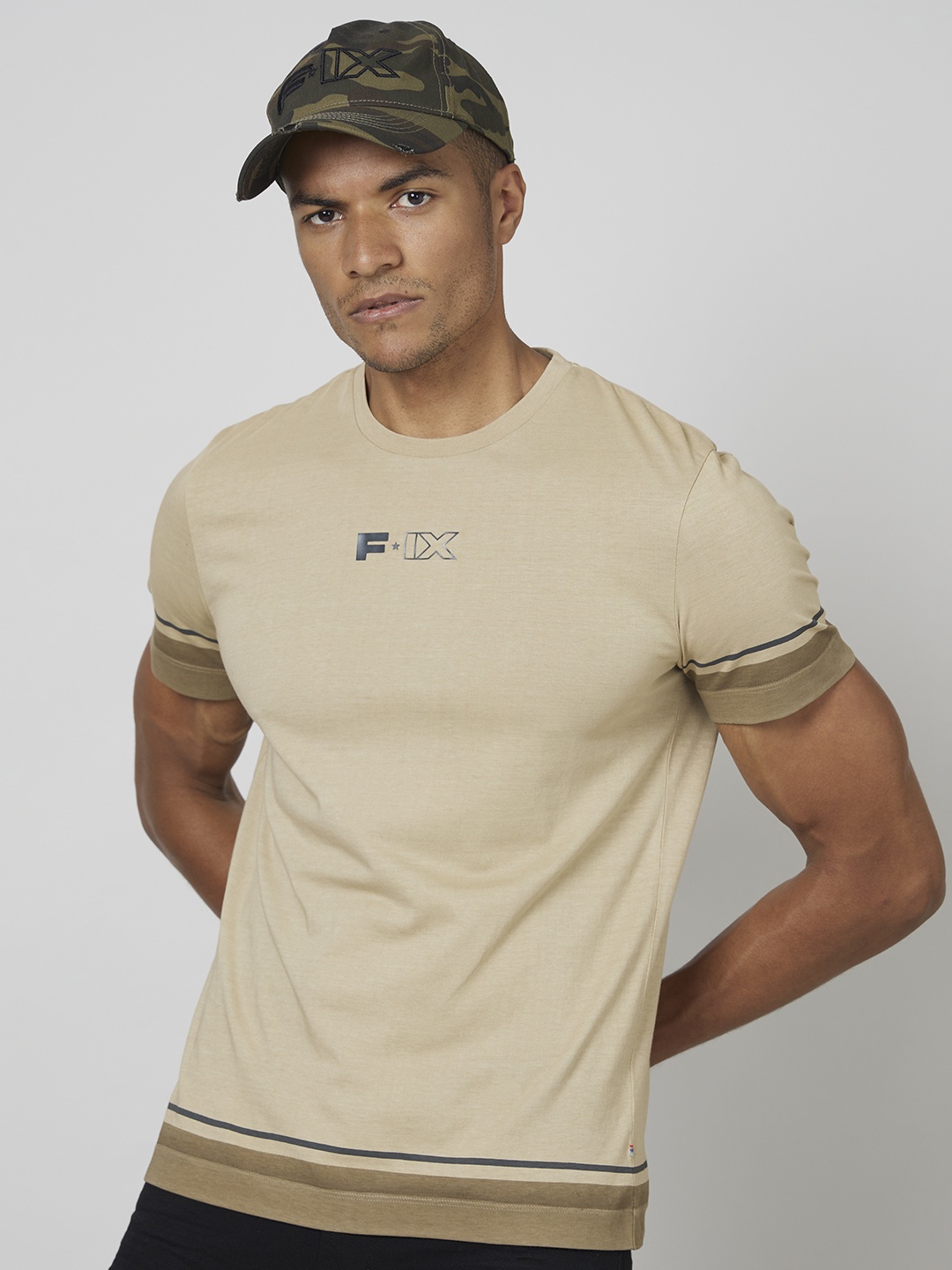 

FORCE IX Brand Logo Pure Cotton Applique T-shirt, Beige