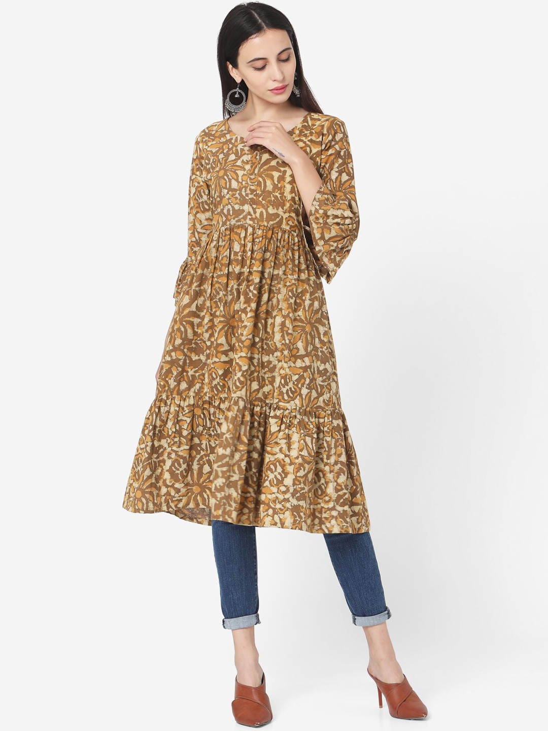 

KALINI Ethnic Motifs Printed Anarkali Kurta, Brown