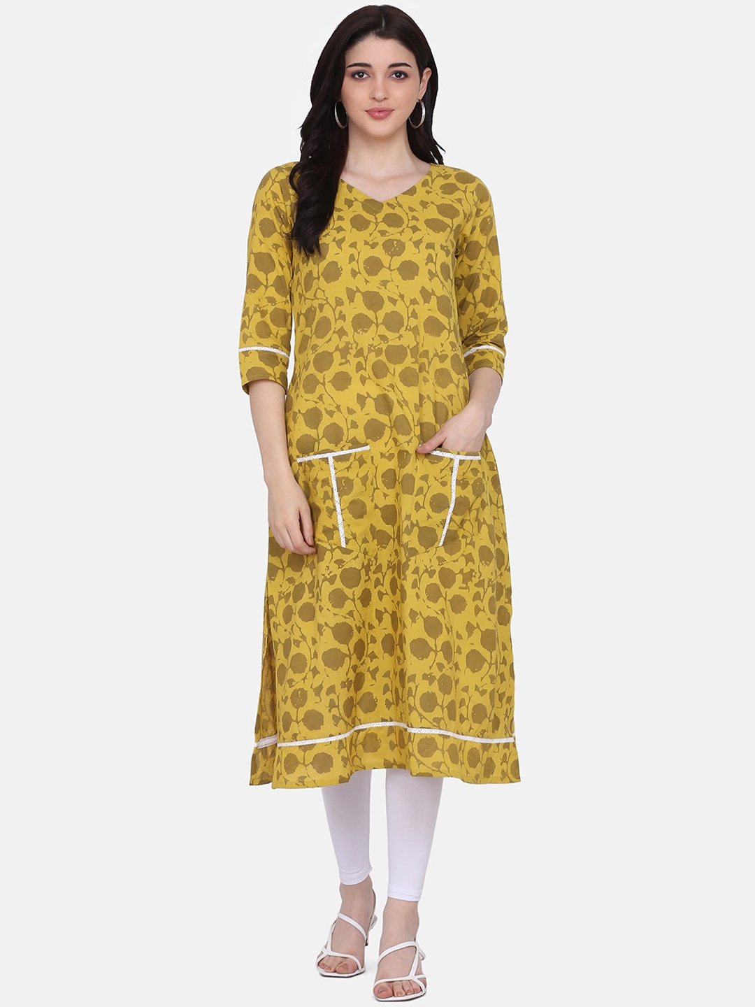 

KALINI Printed Anarkali Cotton Kurta, Yellow