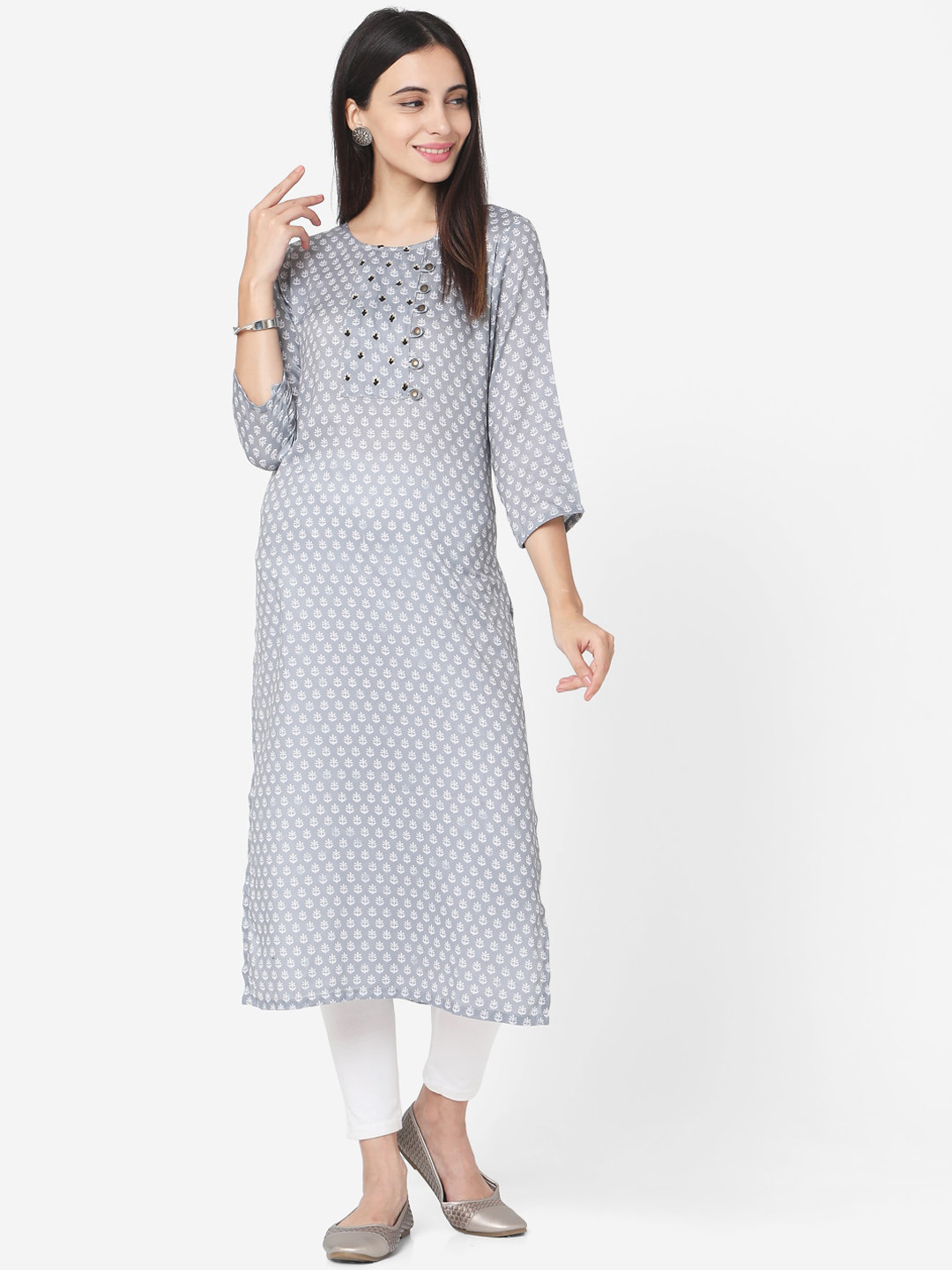 

KALINI Ethnic Motifs Printed Regular Silk Kurta, Grey