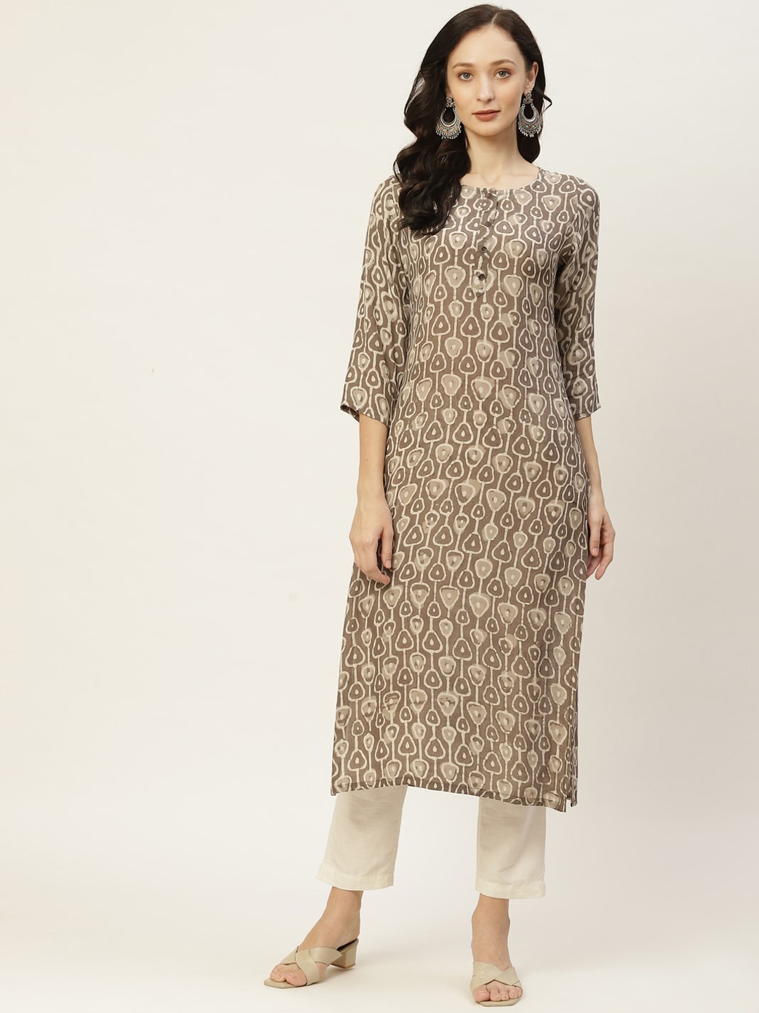 

KALINI Ethnic Motifs Printed Silk Kurta, Grey