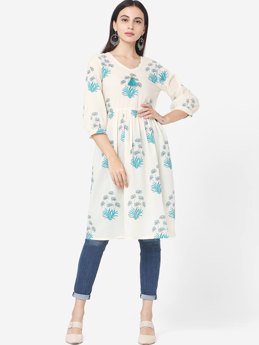 

KALINI Floral Printed V-Neck Pure Cotton A-Line Kurta, Off white