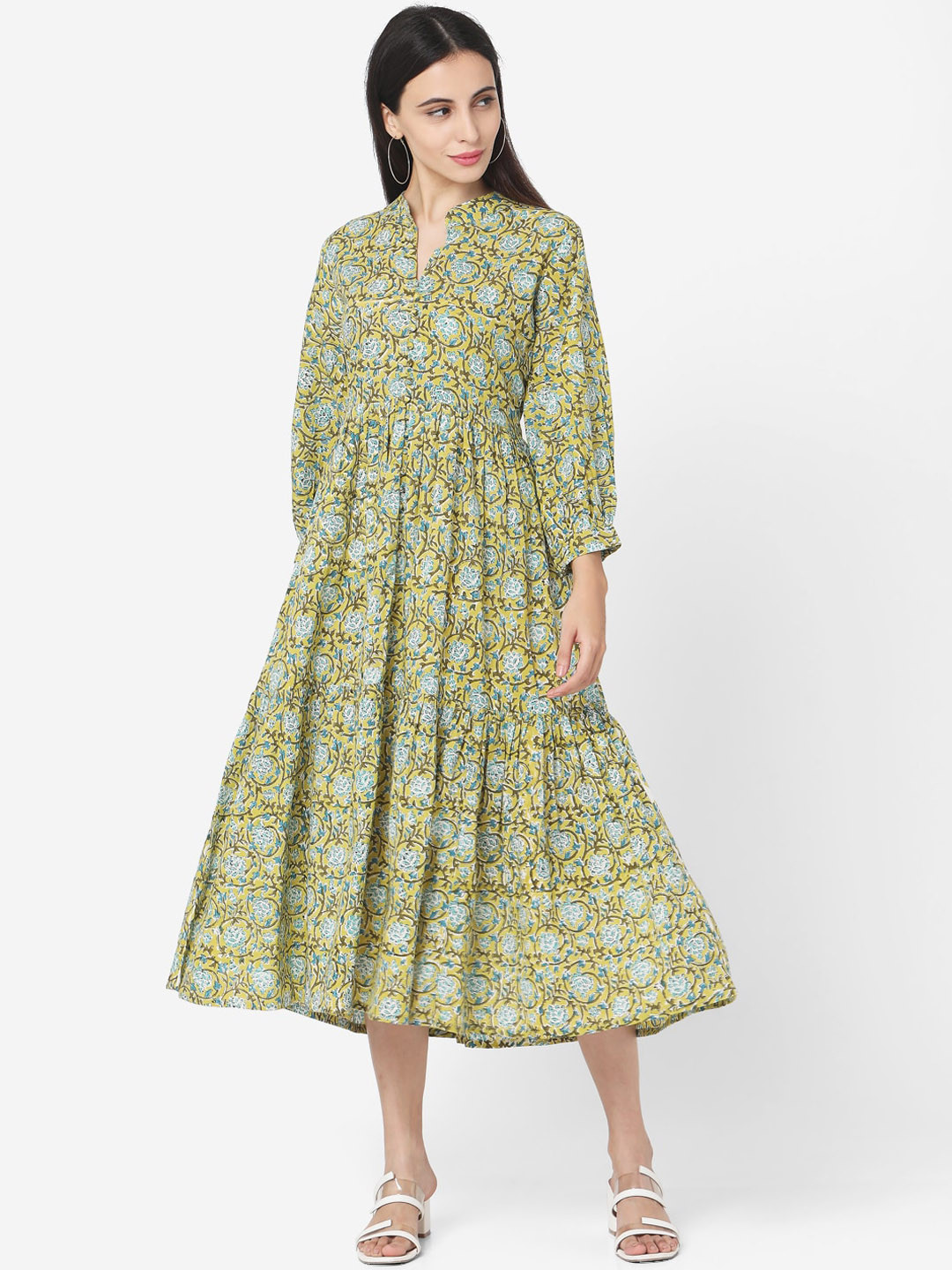 

KALINI Floral Printed Cotton Anarkali Kurta, Green