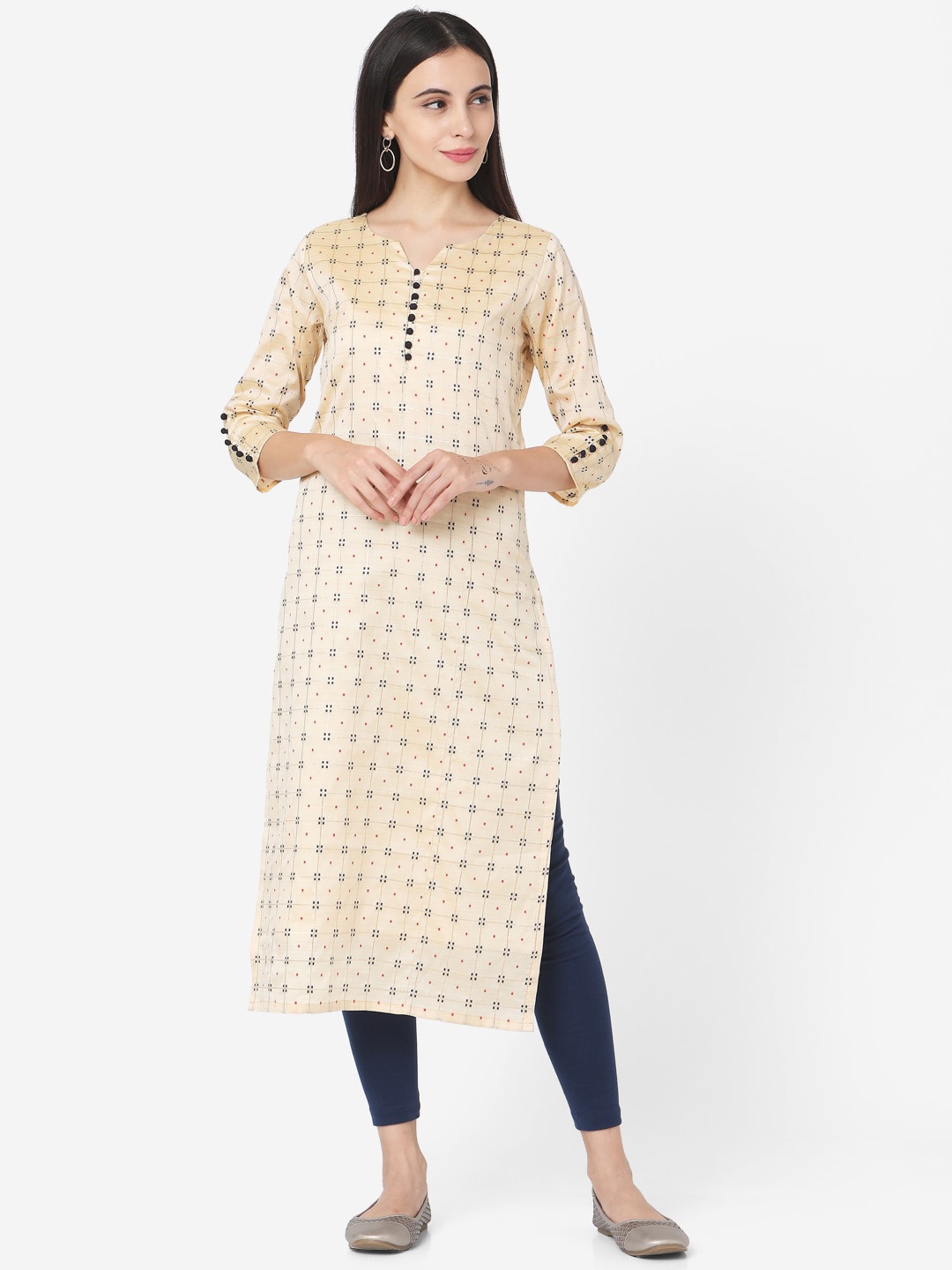 

KALINI Geometric Printed Cotton Kurtha, Cream