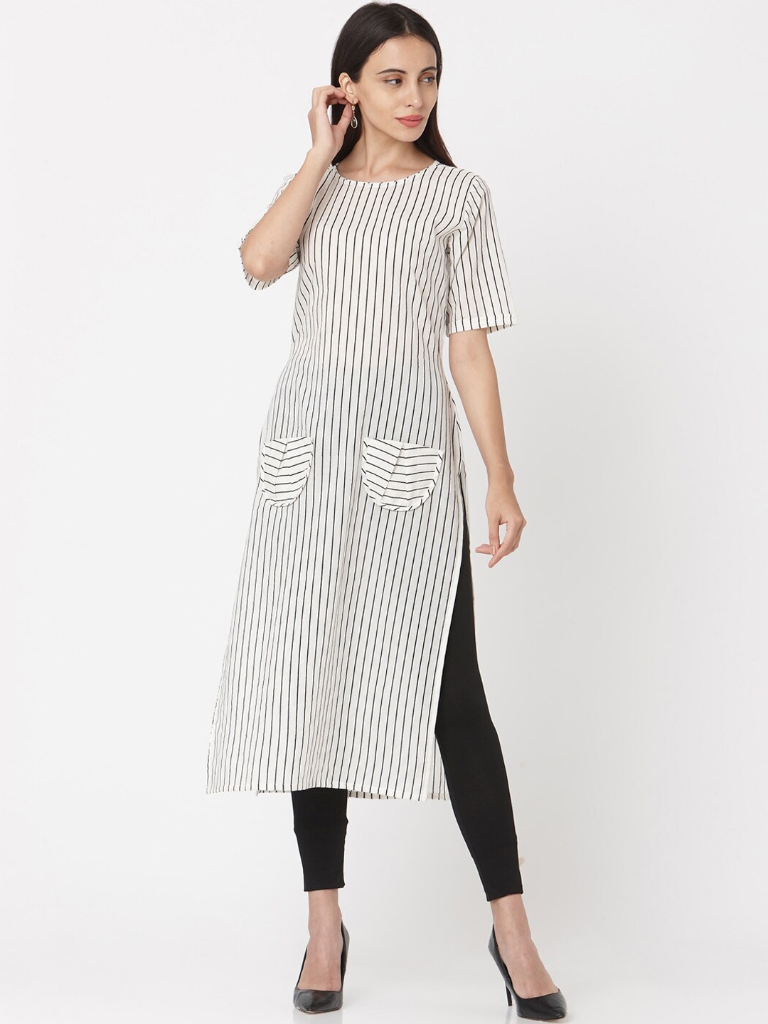

KALINI Striped Round Neck Cotton Kurta, White