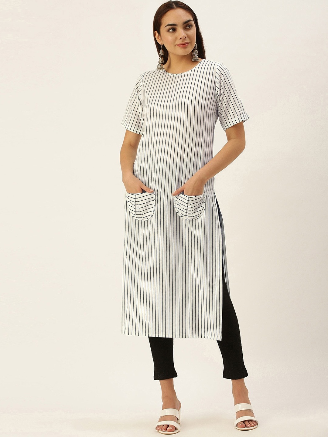 

KALINI Striped Round Neck Kurta, White