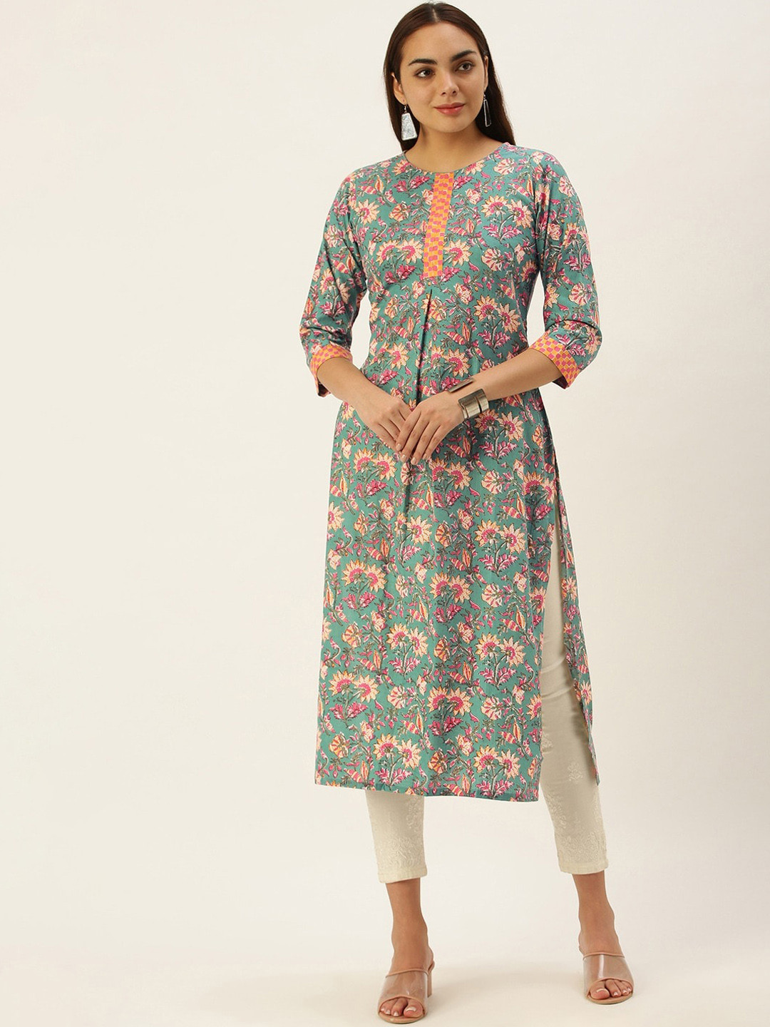 

KALINI Floral Printed Cotton Straight Kurta, Green