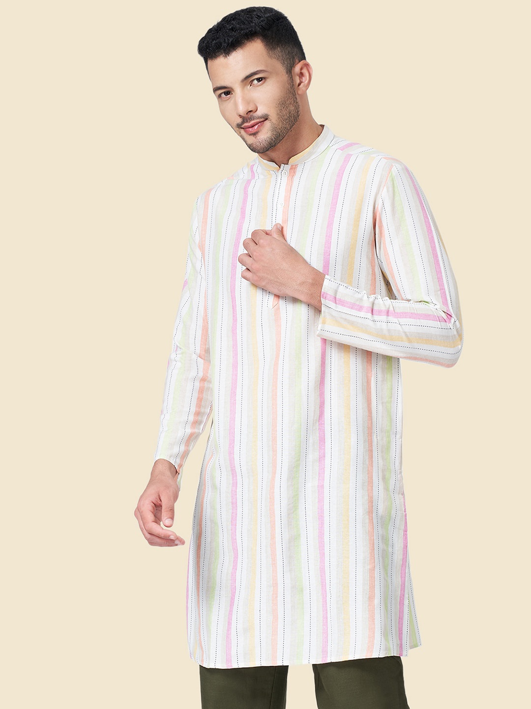 

YU by Pantaloons Striped Mandarin Collar Pathani Kurta, White