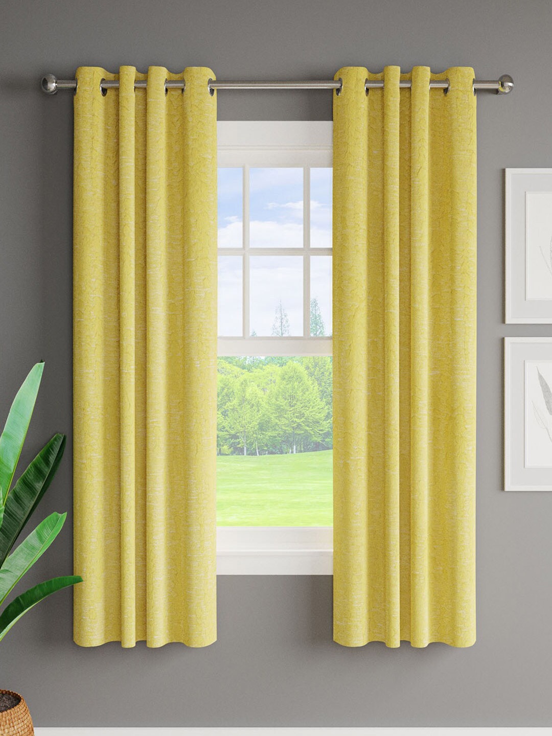 

Just Home Yellow 2 Pieces Jacquard Room Darkening Window Curtains