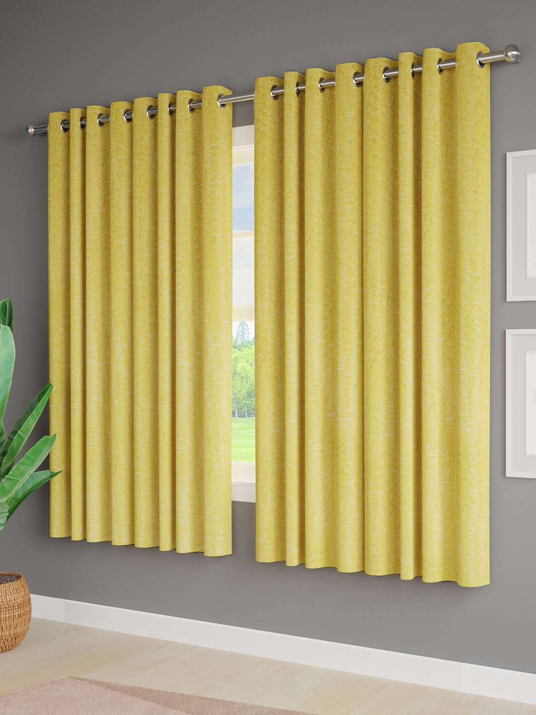 

Just Home Yellow 4 Pieces Self Design Jacquard Room Darkening Window Curtains