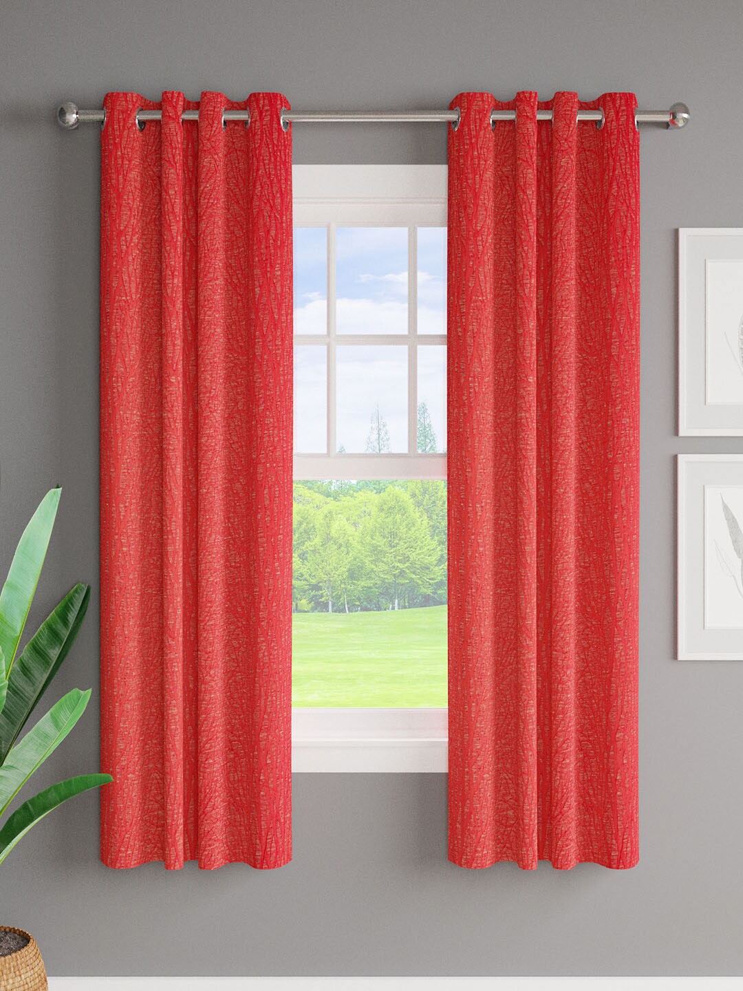 

Just Home Red & Gold-Toned 2 Pieces Jacquard Room Darkening Window Curtains