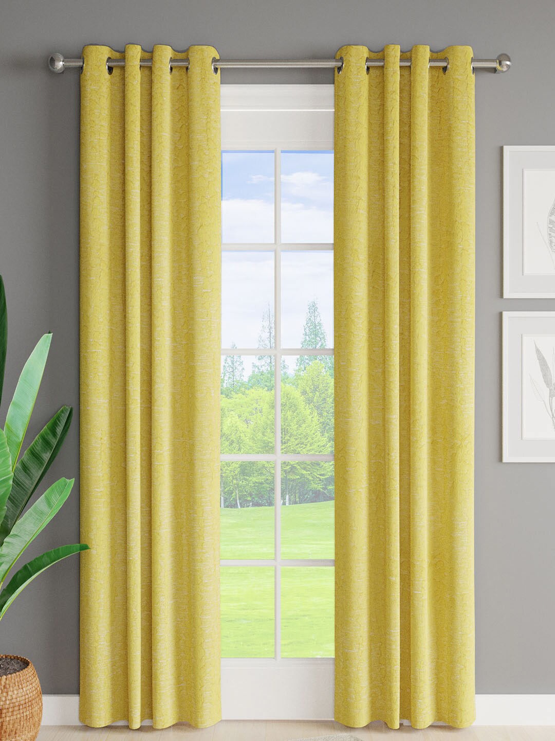 

Just Home Yellow 2 Pieces Self Design Jacquard Room Darkening Door Curtains