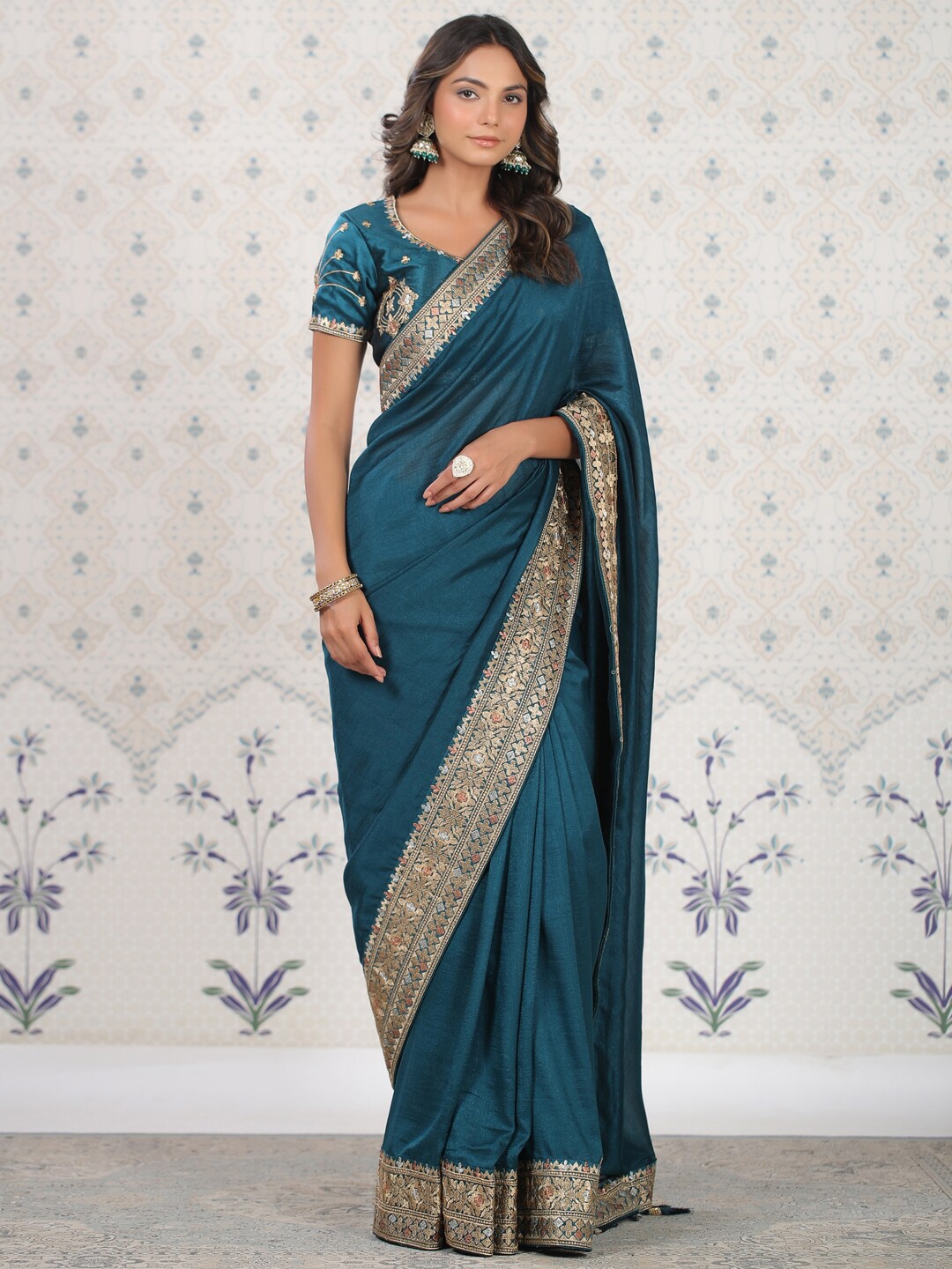 

Ode by House of Pataudi Teal Blue & Gold-Toned Woven Design Border Zari Saree