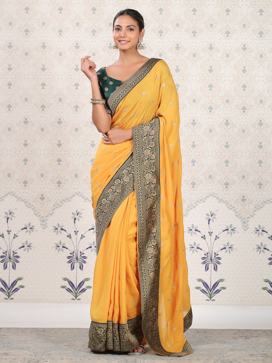 

Ode by House of Pataudi Mustard & Green Embroidered Zari Saree