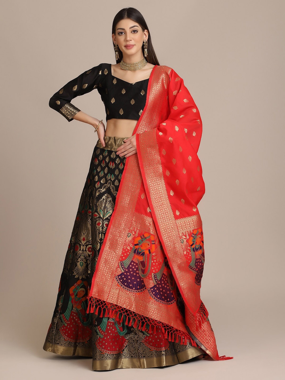 

Atsevam Woven Design Semi-Stitched Lehenga & Unstitched Blouse With Dupatta, Black