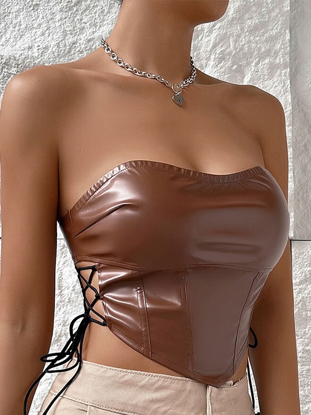 

BoStreet Brown Strapless Lace Up Crop Tube Top