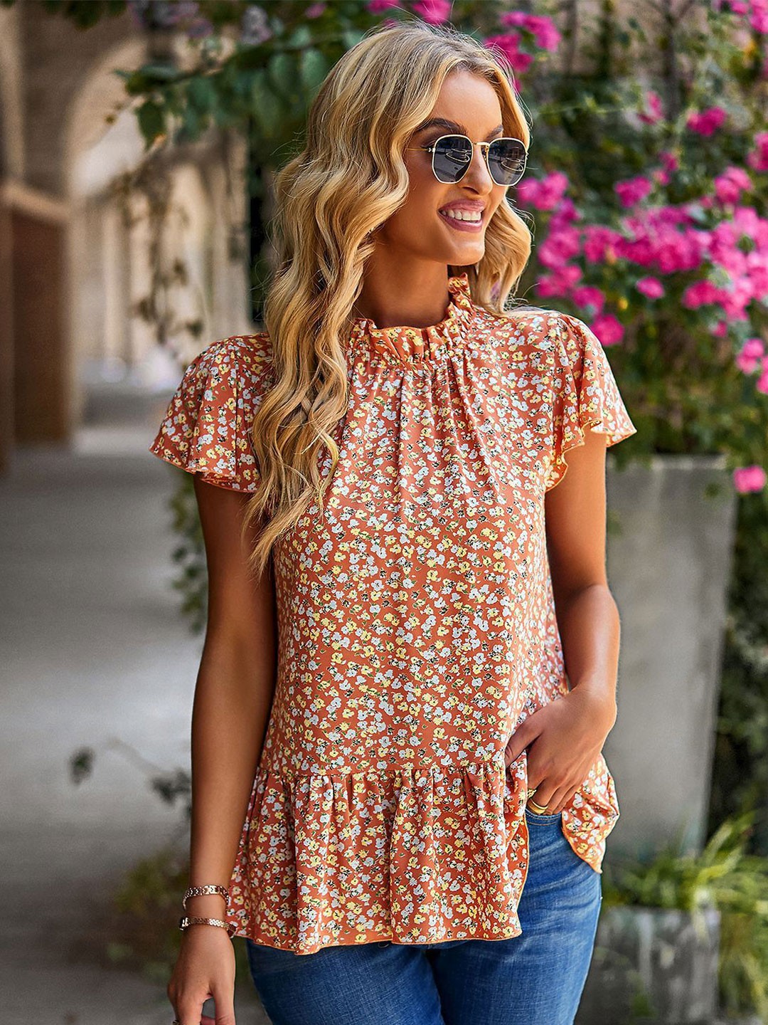 

BoStreet Orange Floral Printed High Neck Puff Sleeve Top