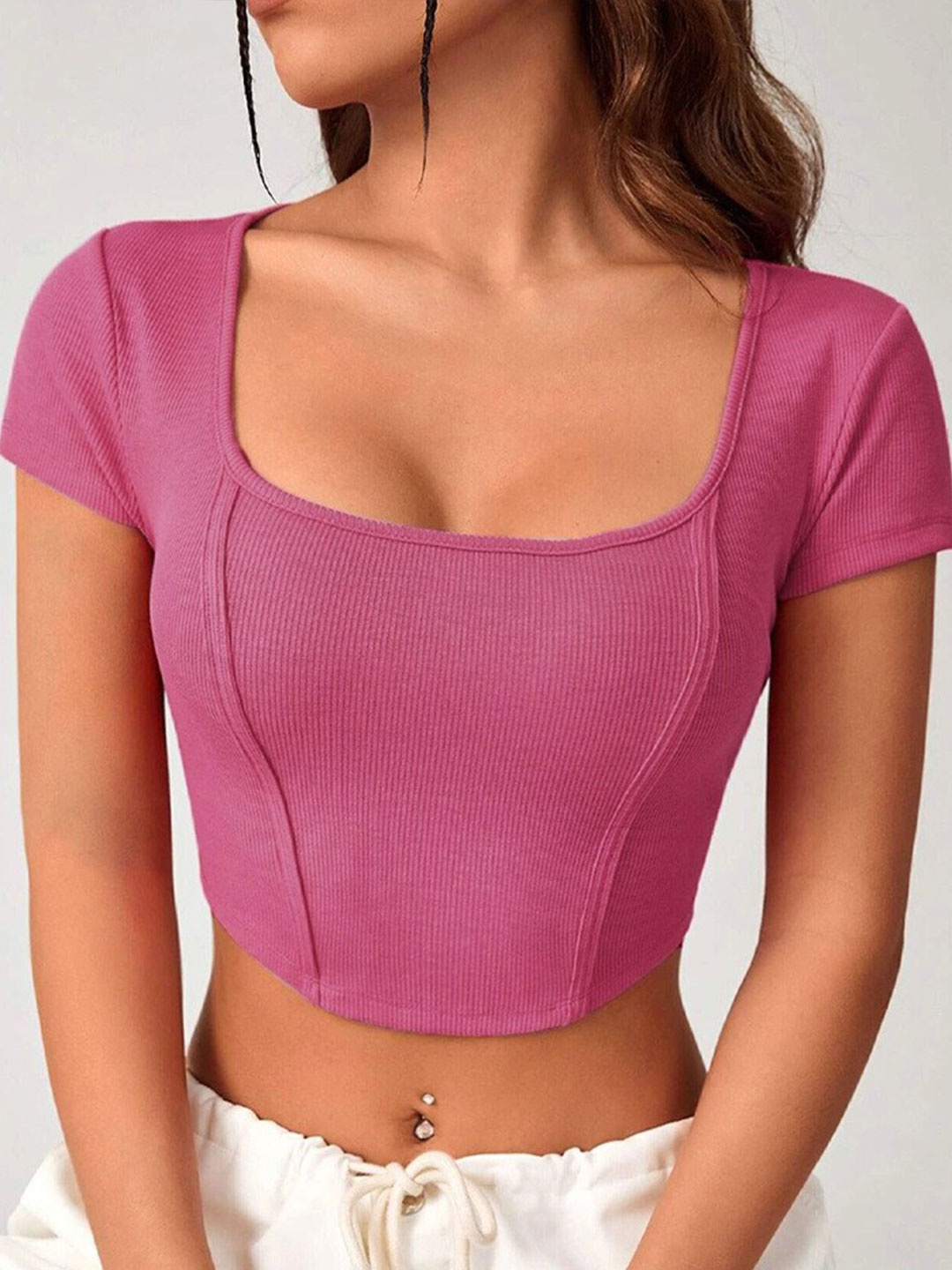 

BoStreet Pink Scoop Neck Fitted Crop Top