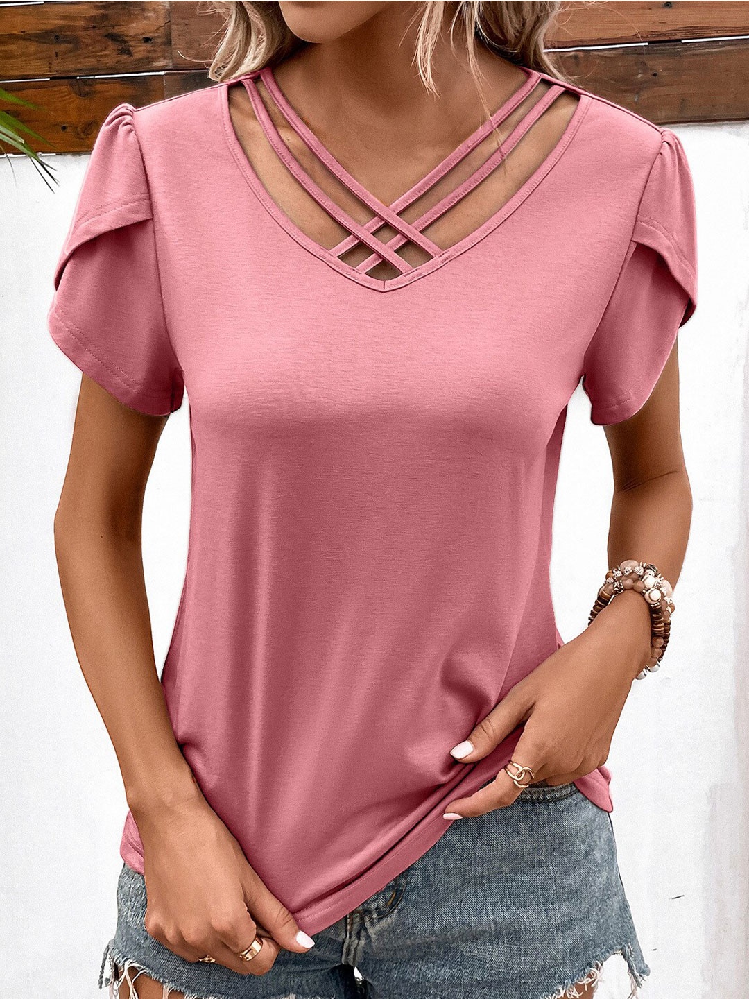 

BoStreet Pink V-Neck Tulip Sleeve Top