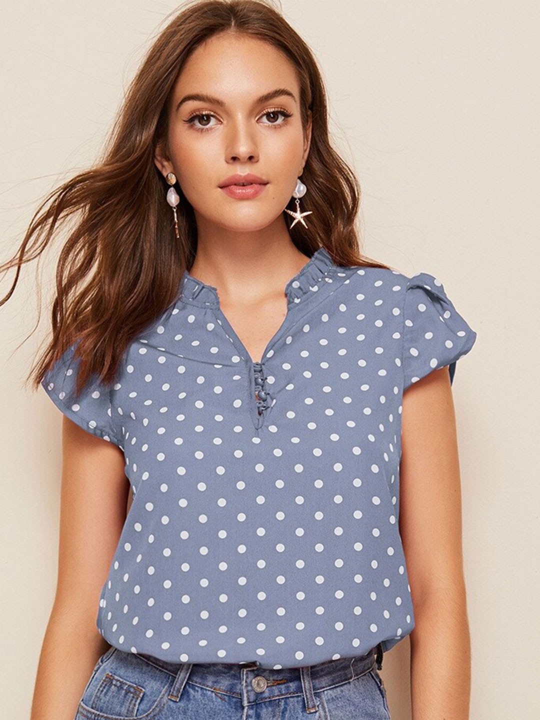 

StyleCast Blue Polka Dot Printed Mandarin Collar Top