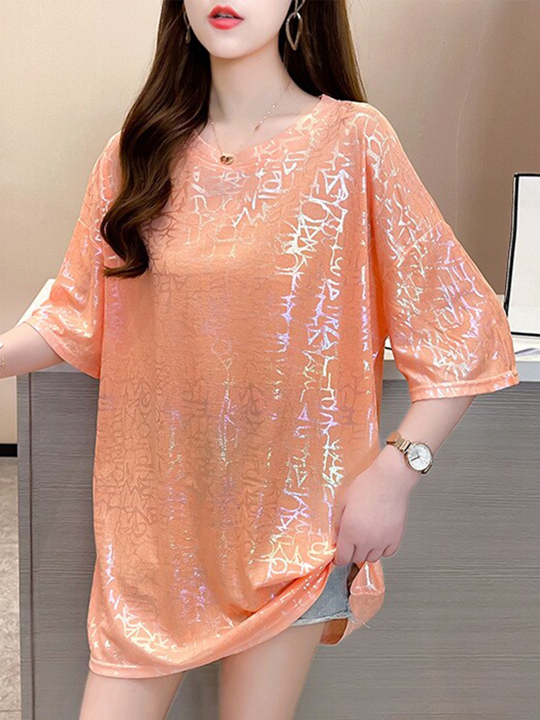 

BoStreet Orange Abstract Printed Drop Shouder Loose Tshirt