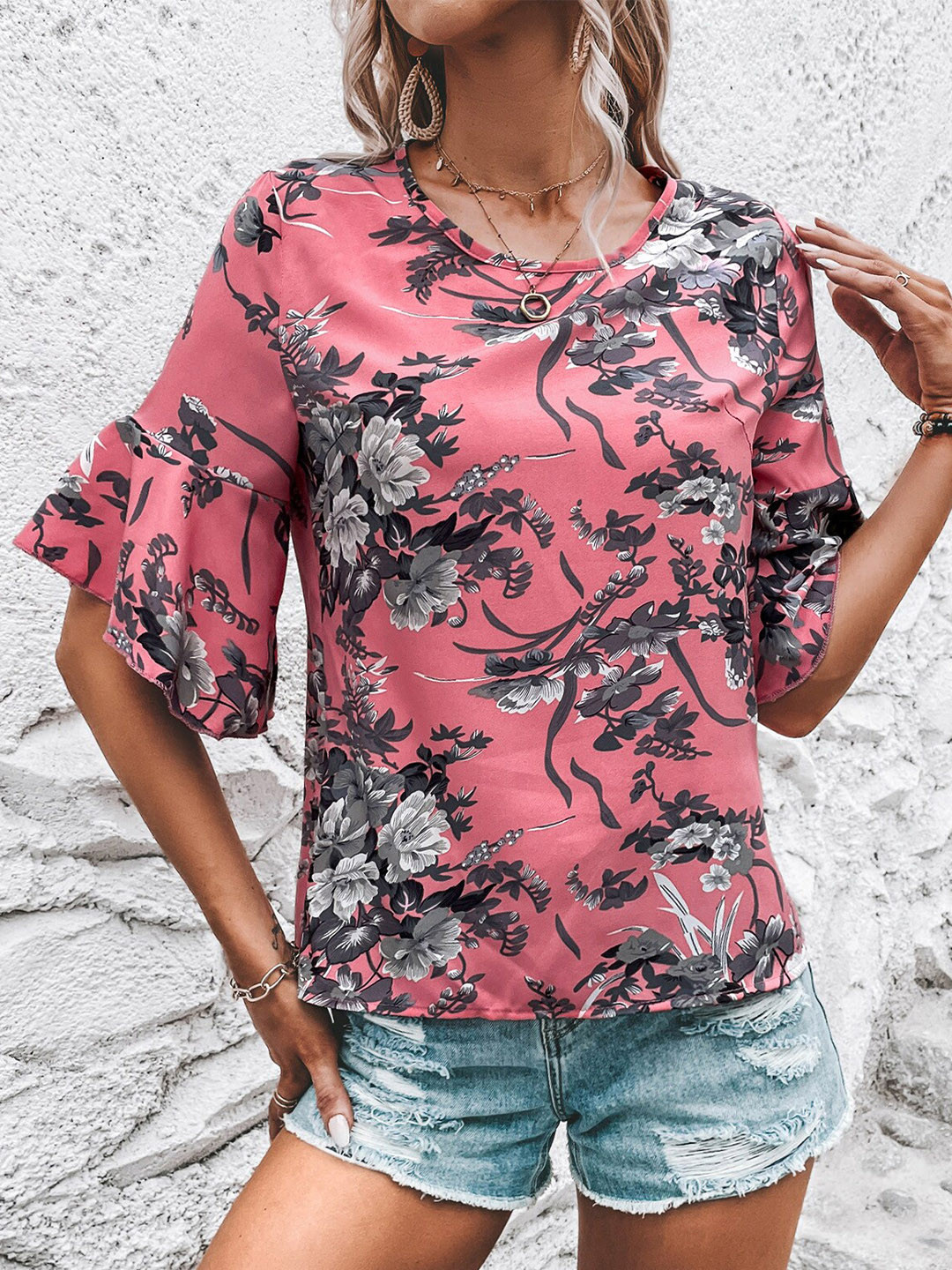 

StyleCast Pink Floral Printed Bell Sleeve Top