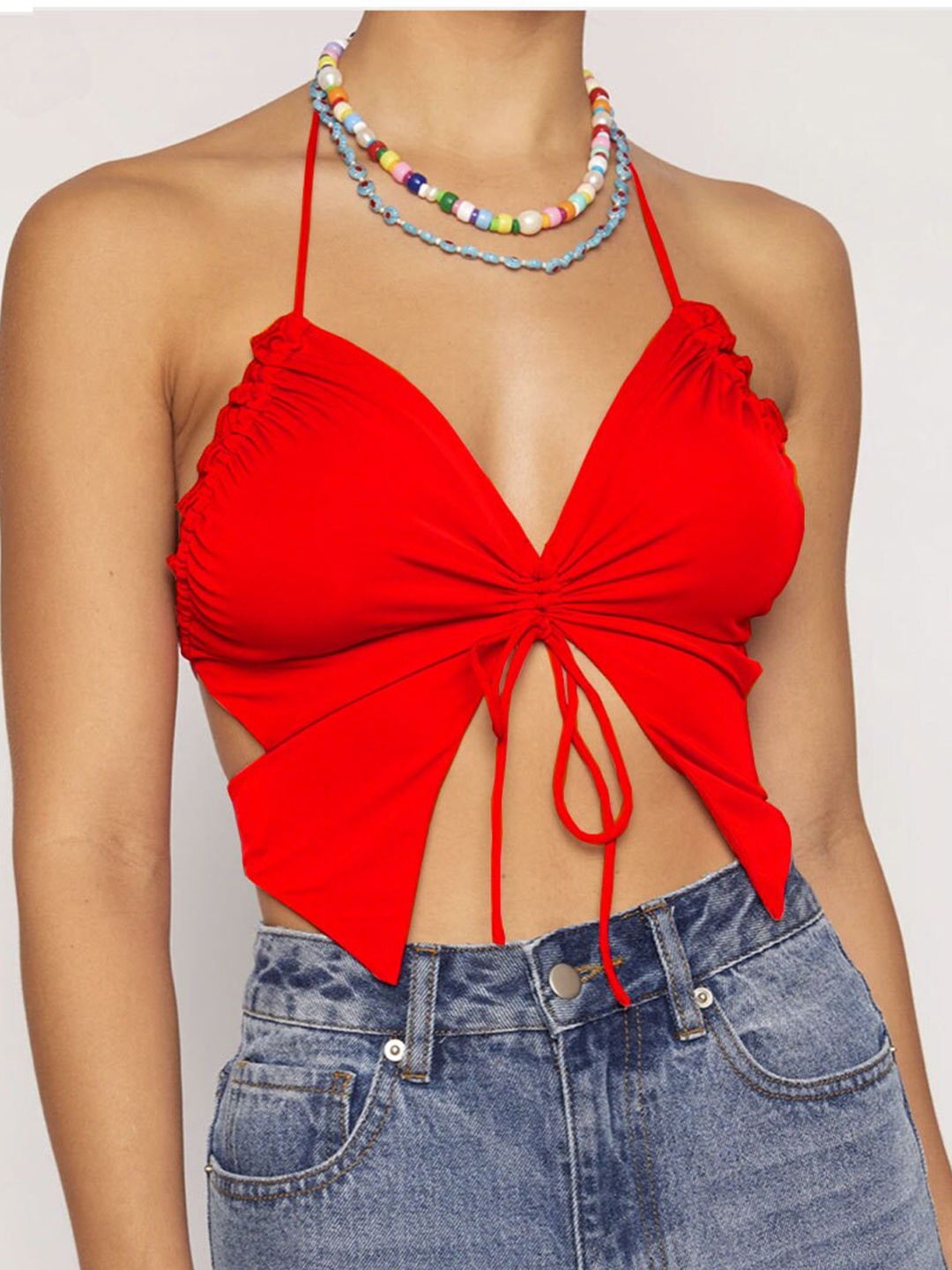 

StyleCast Tie-Up Detailed Sleeveless Bralette Crop Top, Red