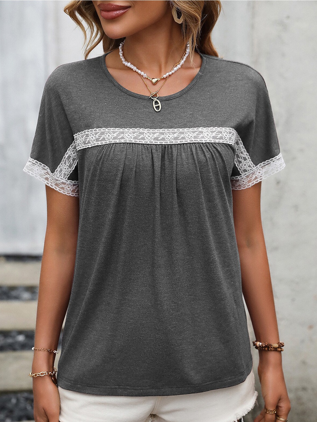 

StyleCast Grey Extended Sleeves Lace Up Detail Regular Top