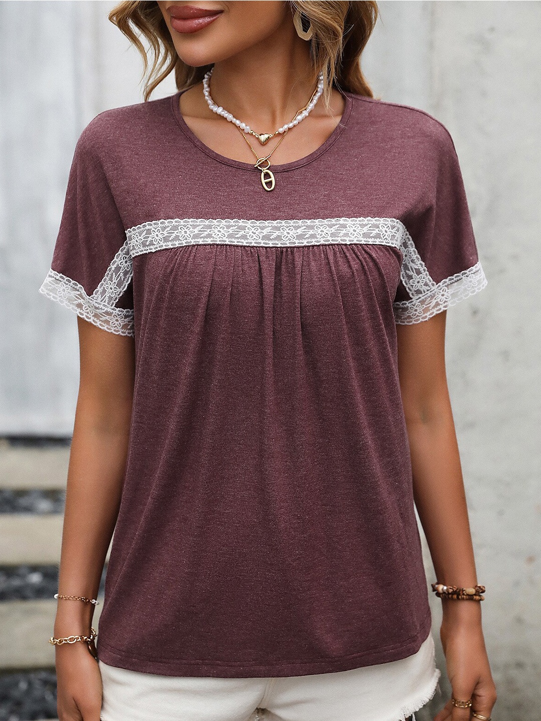 

StyleCast Maroon Extended Sleeves Lace Up Detail Regular Top