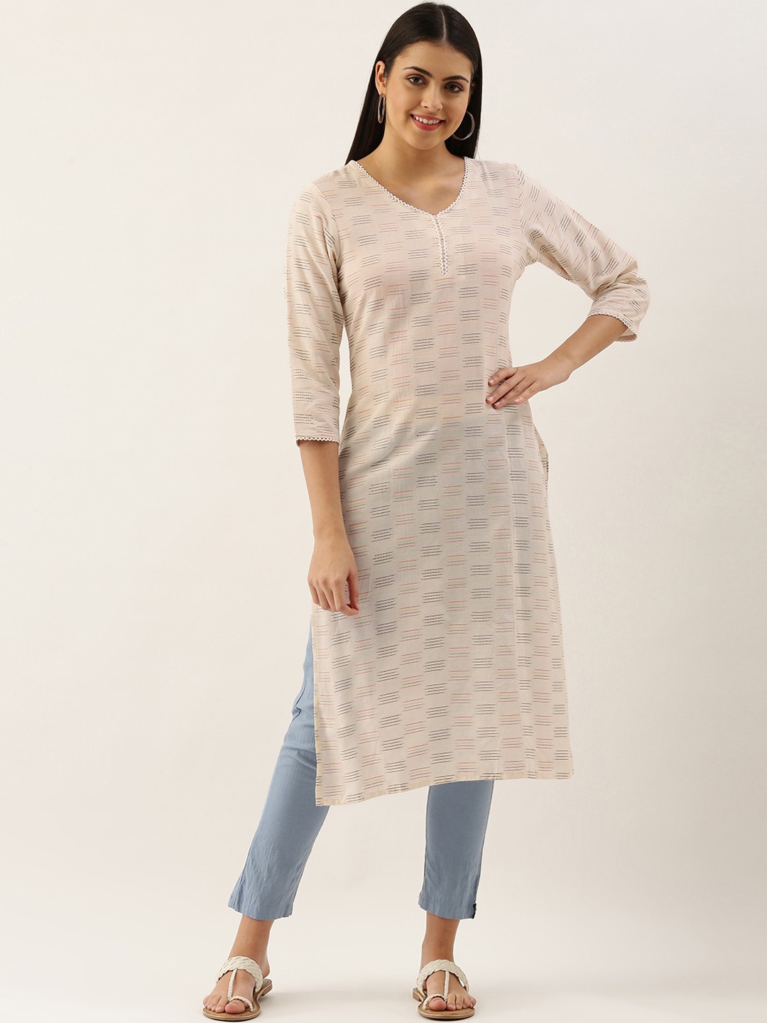 

KALINI Woven Design V-Neck Cotton Kurta, Off white