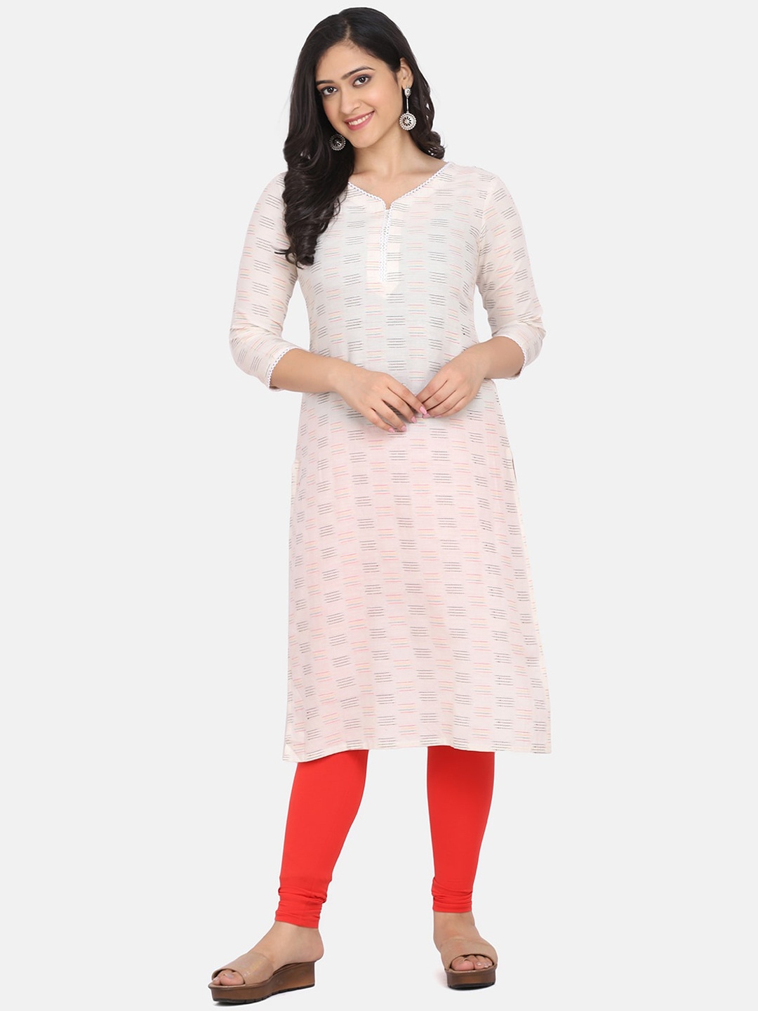 

KALINI Embroidered Cotton Thread Work A-Line Kurta, Off white