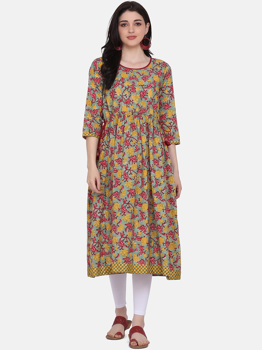 

KALINI Floral Printed Cotton Anarkali Kurta, Green