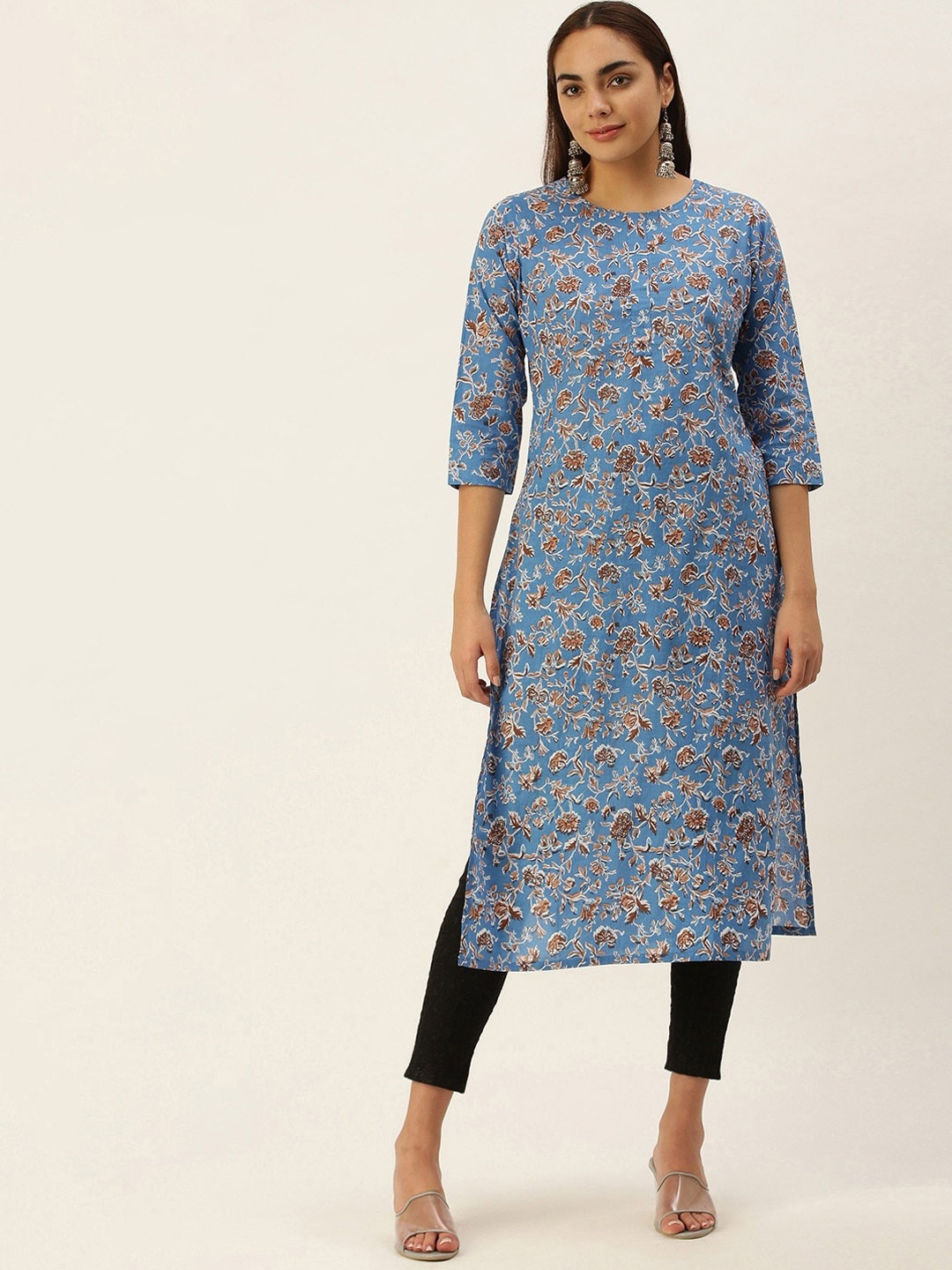 

KALINI Floral Printed Pure Cotton Kurta, Blue