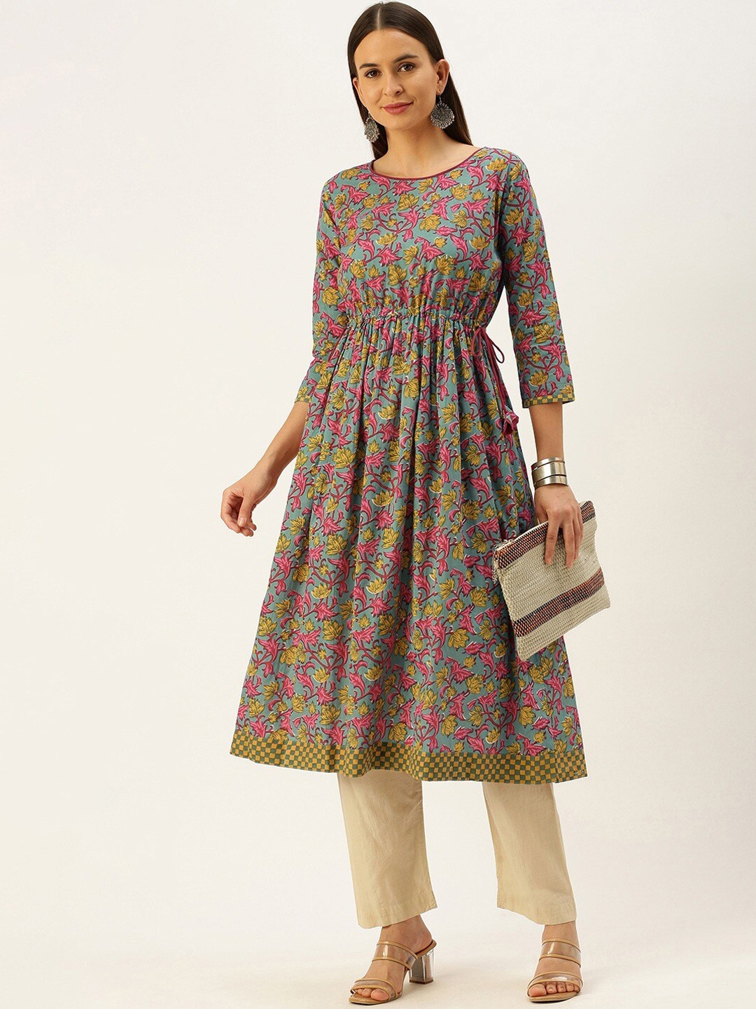 

KALINI Floral Printed Anarkali Cotton Kurta, Green
