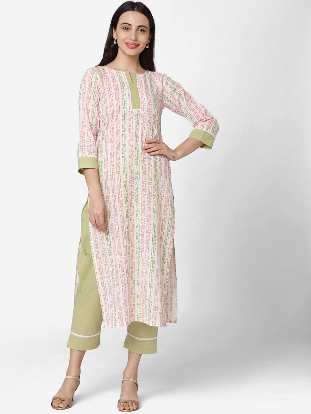 

KALINI Striped Straight Pure Cotton Kurta With Trousers, White