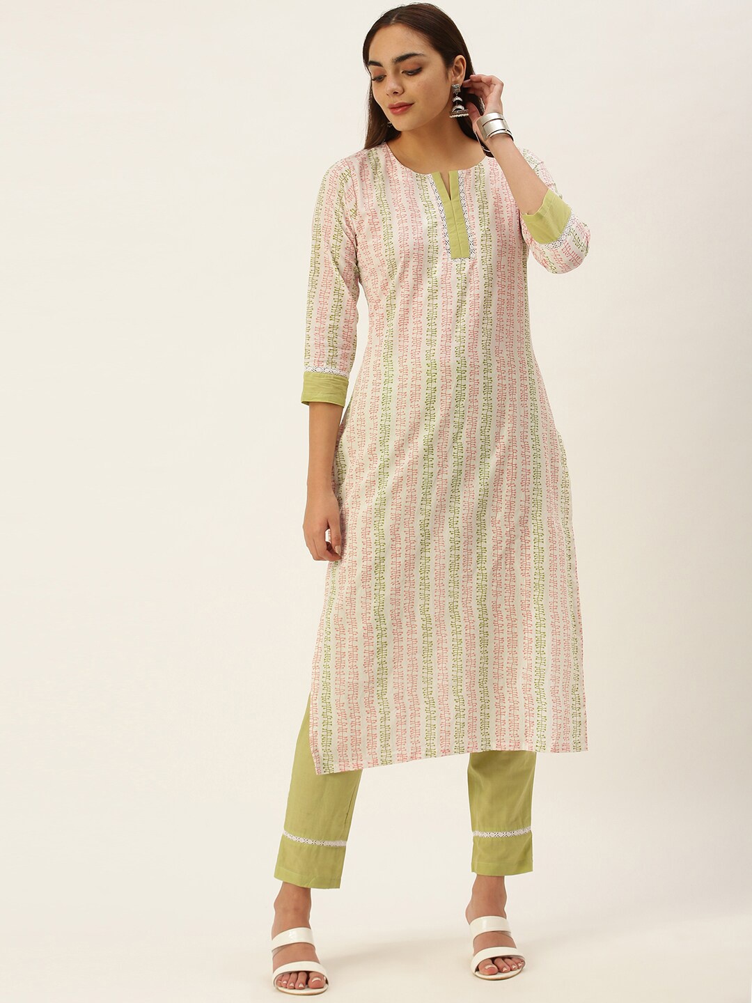 

KALINI Striped Pure Cotton Kurta With Trouser, Off white