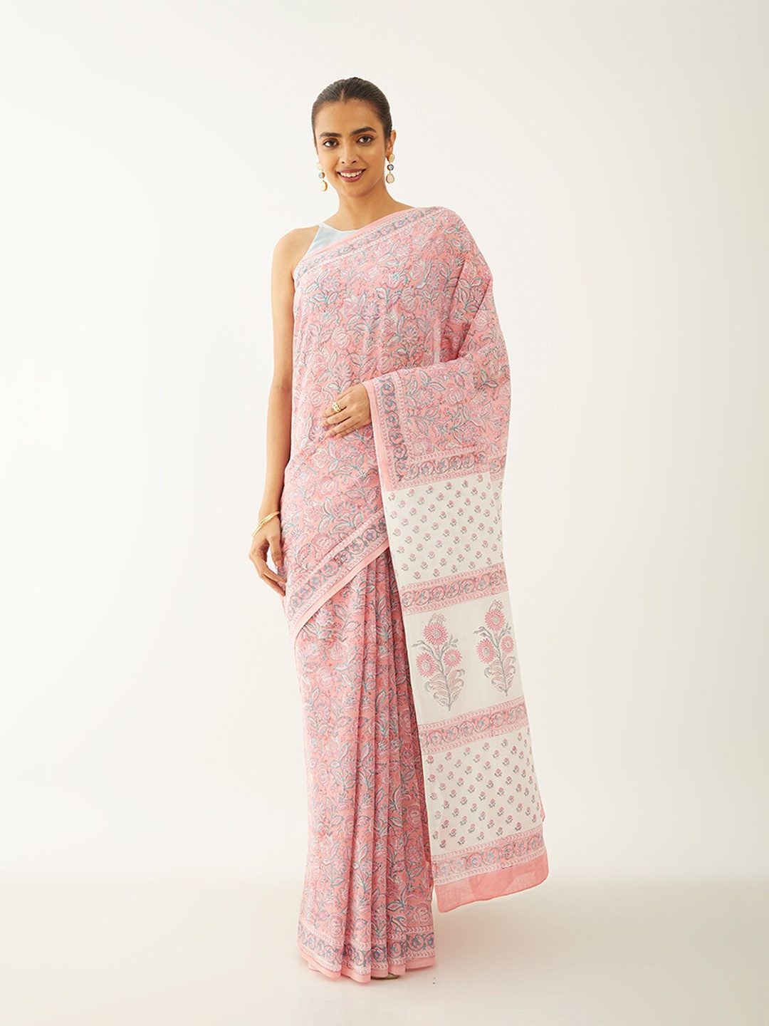 

Taneira Floral Pure Cotton Block Print Saree, Pink