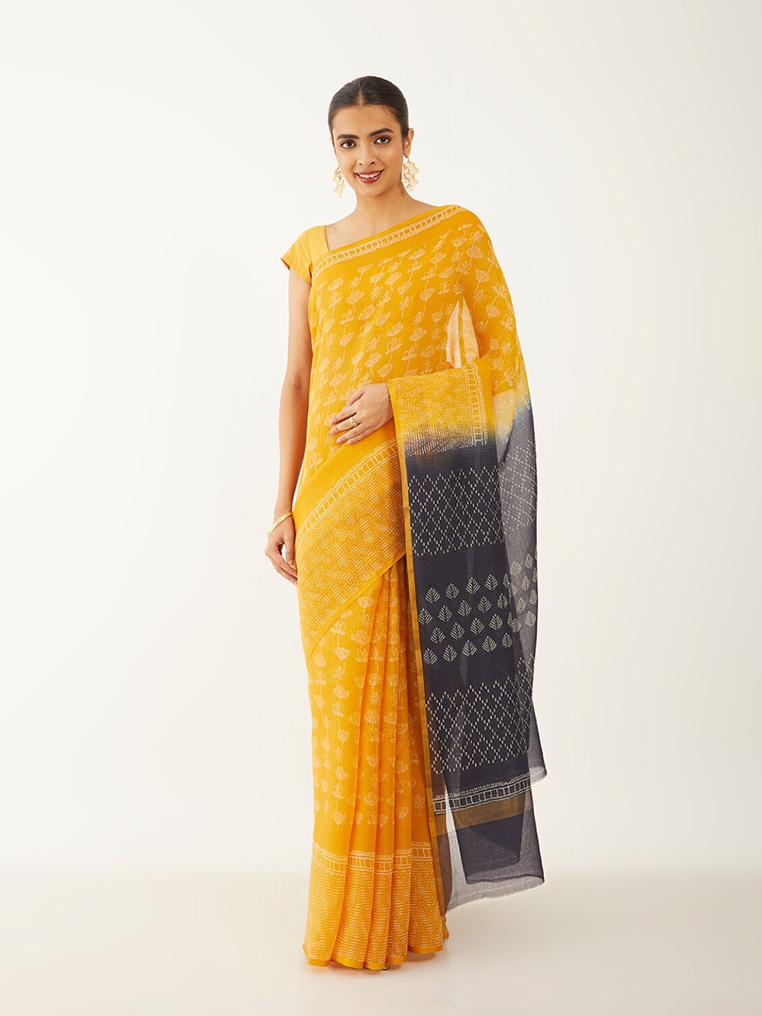 

Taneira Ethnic Motifs Block Print Zari Pure Silk Saree, Yellow