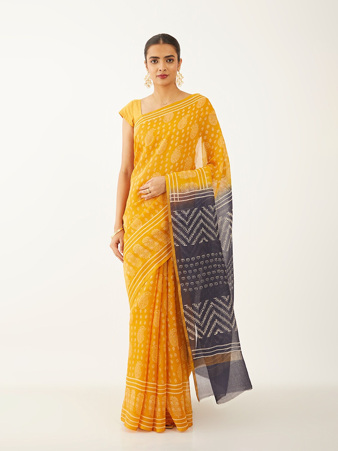 

Taneira Ethnic Motifs Block Printed Zari Pure Silk Saree, Yellow