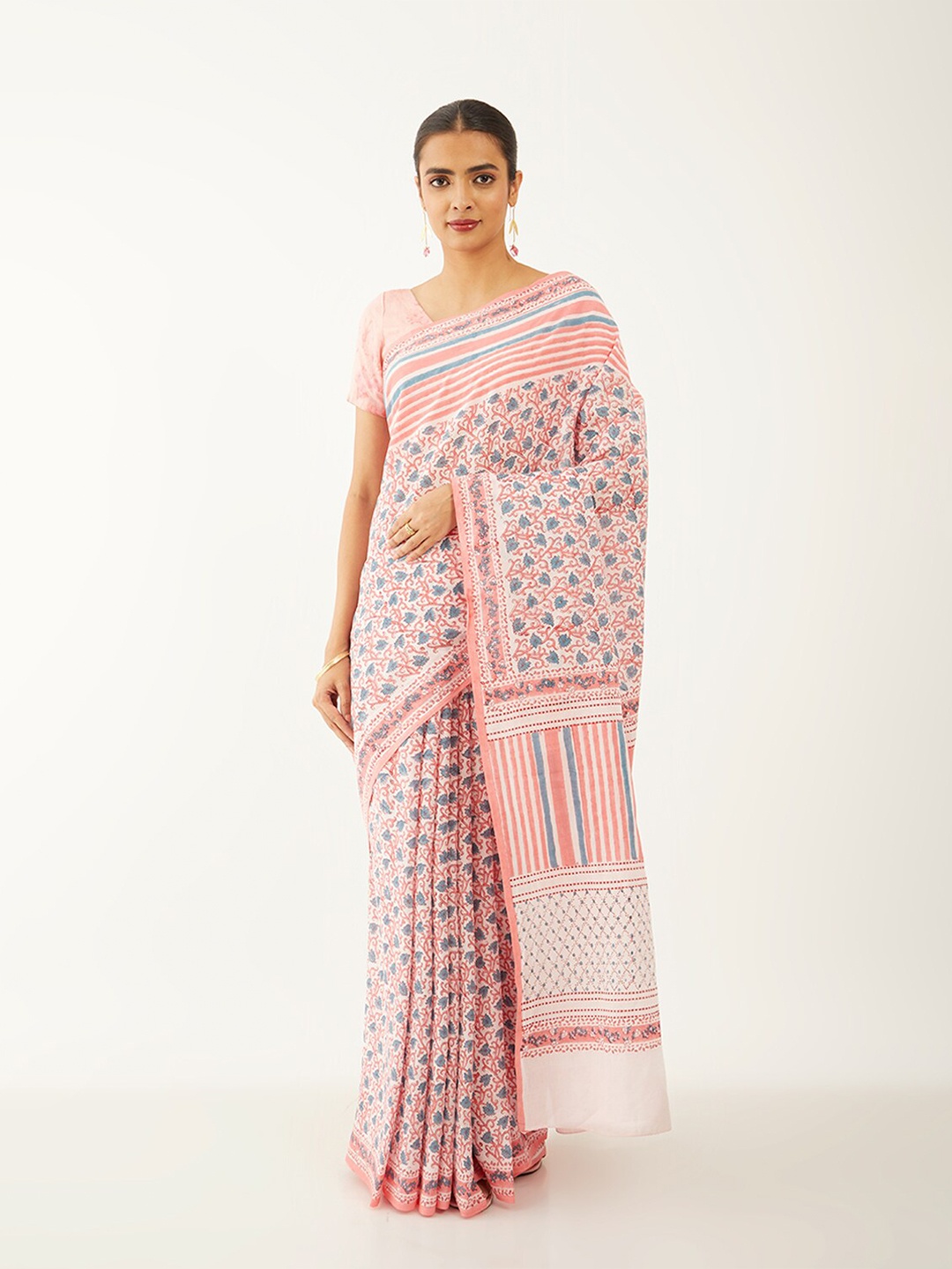 

Taneira Ethnic Motifs Printed Pure Cotton Block Print Saree, Pink