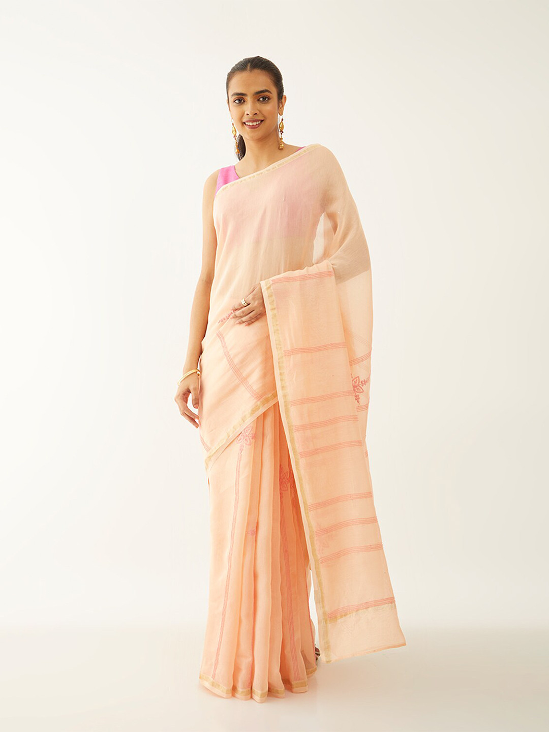 

Taneira Floral Chikankari Embroidered Zari Silk Cotton Saree, Orange