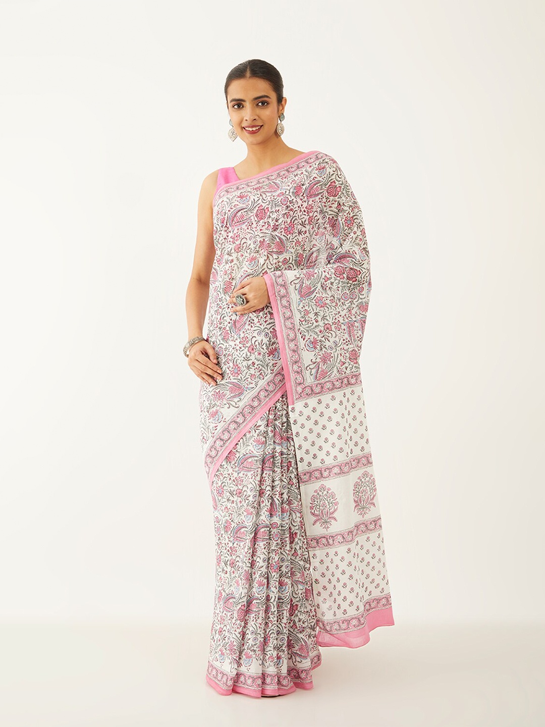 

Taneira Floral Pure Cotton Block Print Saree, White