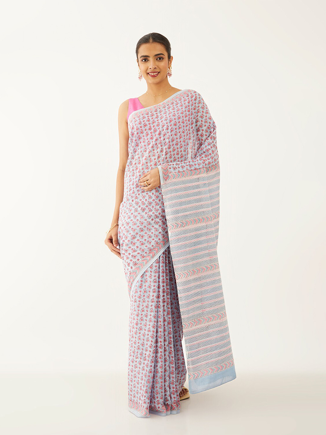 

Taneira Floral Pure Cotton Block Print Saree, Blue