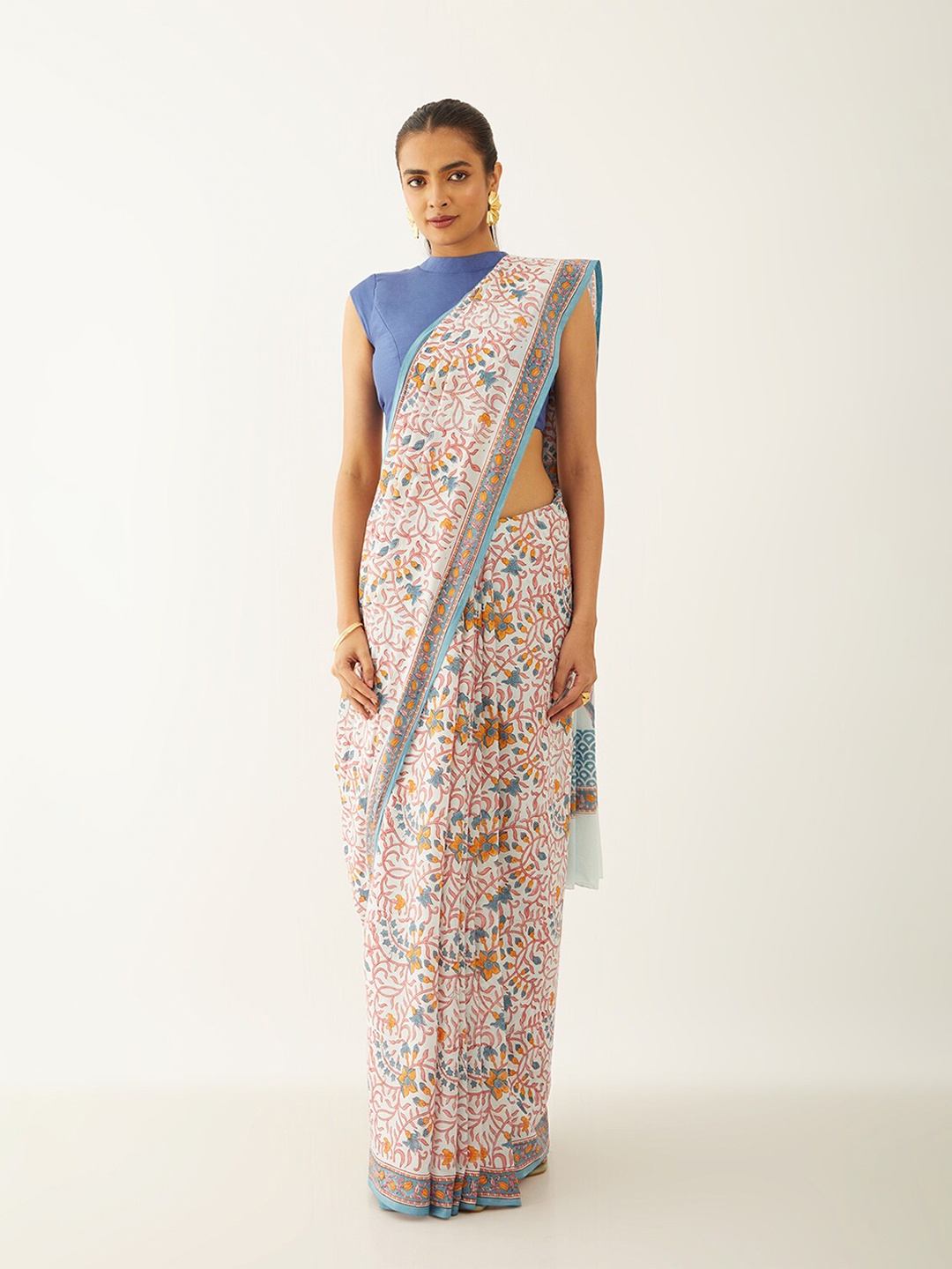 

Taneira Floral Pure Cotton Block Print Saree, Blue