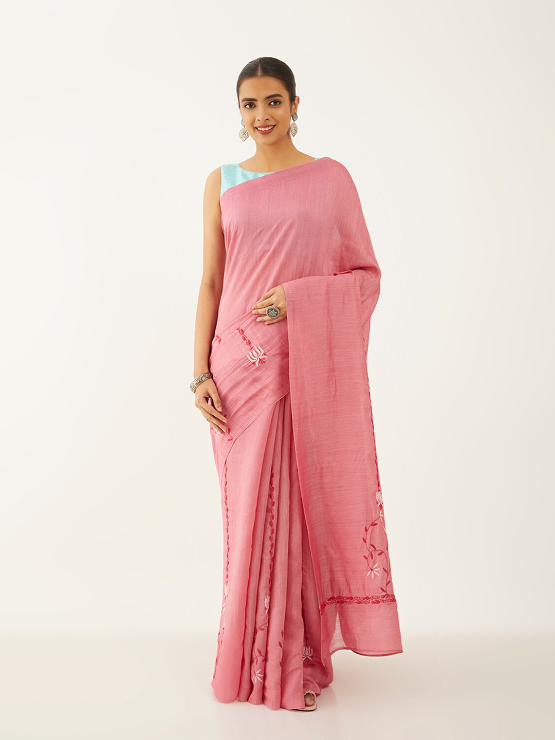 

Taneira Floral Embroidered Pure Silk Saree, Pink